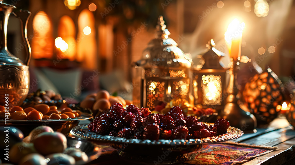 Table with a variety of food, including meat, vegetables, and bread. The tablecloth is colorful and the food is arranged in a way that makes it look inviting and delicious Table with a variety of food, including meat, vegetables, and bread. The tablecloth is colorful and the food is arranged in a way that makes it look inviting and delicious