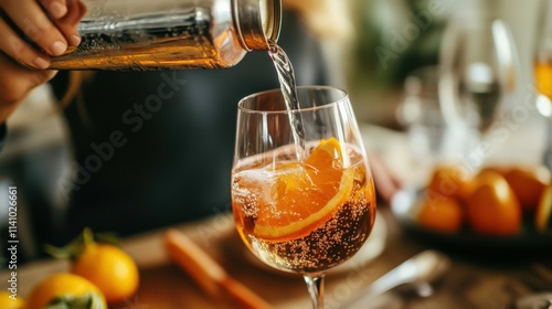 drinks and people concept - close up of woman pouring soda from tin can to wine glass and making orange cocktail at home kitchen