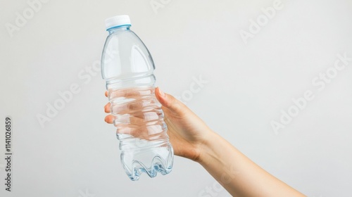 healthy lifestyle and diet concept - hand holding plastic water bottle isolated on white background