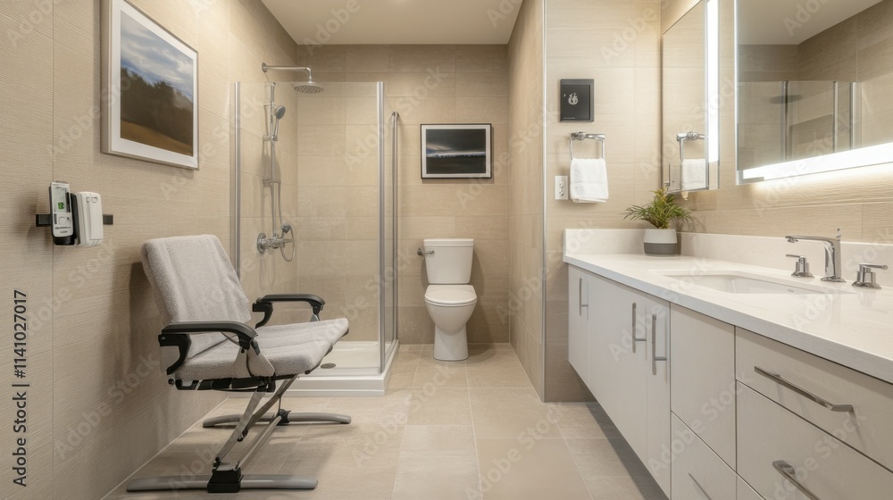 Modern accessible bathroom with beige tiles, a wall-mounted toilet, walk-in shower with grab bars, fold-down chair, double sink vanity with mirror, and under-sink supports. Modern accessible bathroom with beige tiles, a wall-mounted toilet, walk-in shower with grab bars, fold-down chair, double sink vanity with mirror, and under-sink supports.