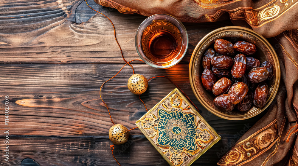 Bowl of dried fruit sits on a wooden table next to a glass of liquid. The bowl is filled with dried fruit, including raisins and dates. The table is covered with a colorful cloth Bowl of dried fruit sits on a wooden table next to a glass of liquid. The bowl is filled with dried fruit, including raisins and dates. The table is covered with a colorful cloth