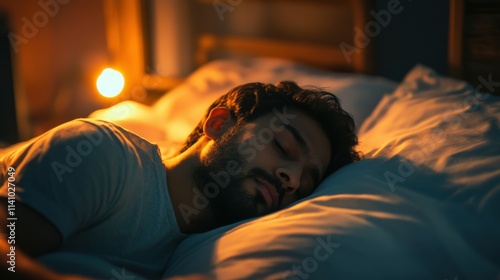 people, bedtime and rest concept - indian man sleeping in bed at home at night