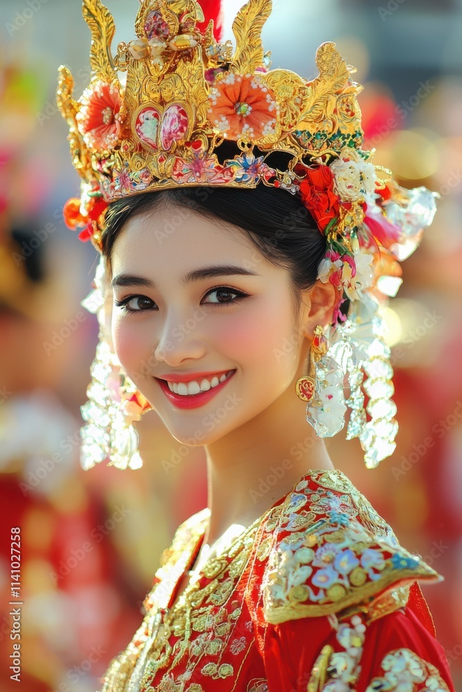 Smiling young woman in traditional red costume with ornate headdress at a colorful cultural festival during daytime. Generative AI