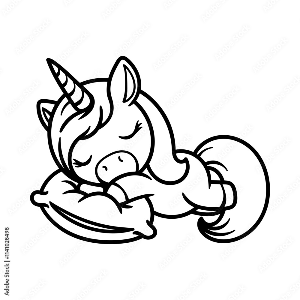 Naklejka premium fun cartoon character of cute sleeping unicorn isolated drawing line art style sketch classic vintage design illustration