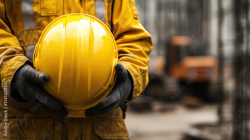 Construction worker holds yellow hard hat on job site during daytime with machinery in background Construction worker holds yellow hard hat on job site during daytime with machinery in background