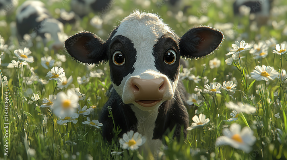Curious calf among blooming daisies in a sunny green field capturing a peaceful farm moment Curious calf among blooming daisies in a sunny green field capturing a peaceful farm moment