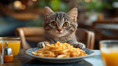 Grey Kitten Enjoying a Meal at a Table