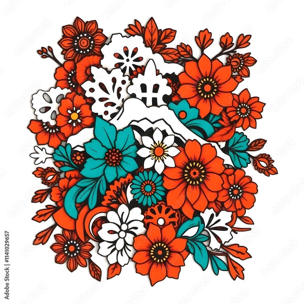 Fototapeta premium Traditional tattoo art print pile of white snow cutouts, warm terracotta and cool teal, earthy contrast, vibrant colors, retro style, complex ornamental details, white background 