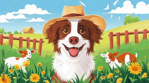 Cartoon dog face with a farm hat, barnyard background with animals photo