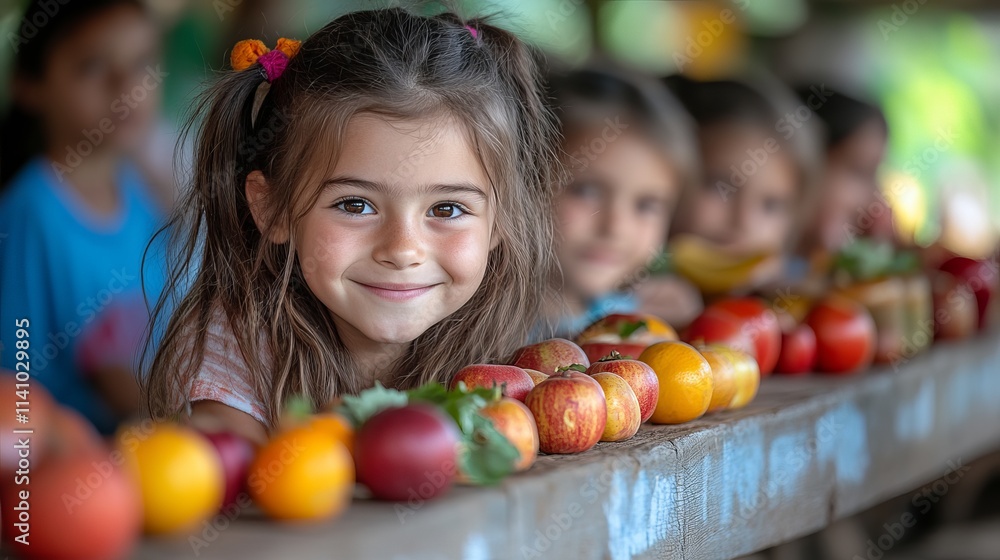 Fototapeta premium Girl Smiling Among Colorful Fruits and Vegetables