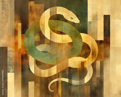 Abstract collage featuring a snake — a symbol of the Chinese New Year — on wood textures in golden and green tones photo