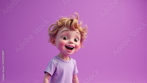 Smiling cartoon child expressing happiness on purple background