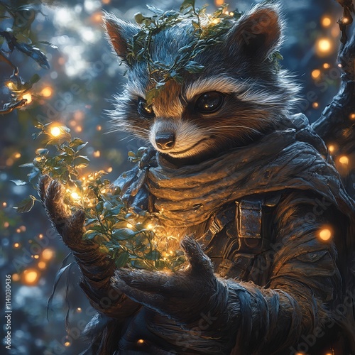 Anthropomorphic Raccoon with Glowing Plant