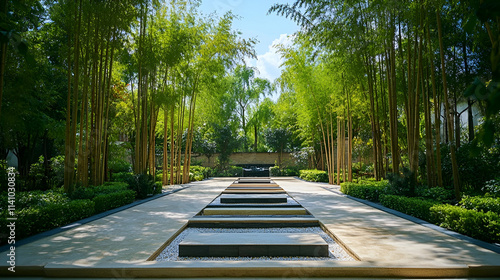 Mount Shikoku Zen Park with raked sand paths and bamboo groves, tranquil Japanese mountain retreat photo