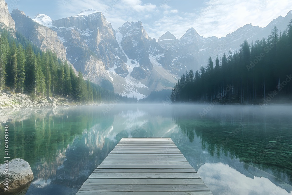 Naklejka premium jezioro, góry, poranek, mgła, sosny, lustro wody, natura, odbicia, spokojna woda, podróże, krajobraz górski, cisza, relaks, krajobraz naturalny, malownicze widoki, trzcinowisko, błękitne niebo, widok