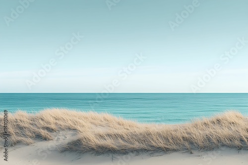 Fototapeta Naklejka Na Ścianę i Meble -  wydmy, piasek, złoty, turkusowa woda, ocean, pustynna plaża, plaża bez ludzi, natura, krajobraz pustynny, spokojna woda, sucha trawa, podróże, piaszczyste wybrzeże, wydmy nad oceanem, pustynny klimat,