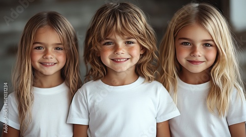 Three Young Children in White T-Shirts