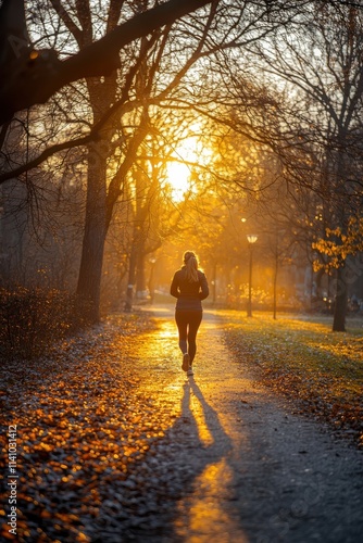 Morning jogger running through a park at sunrise with golden light illuminating the path and autumn foliage