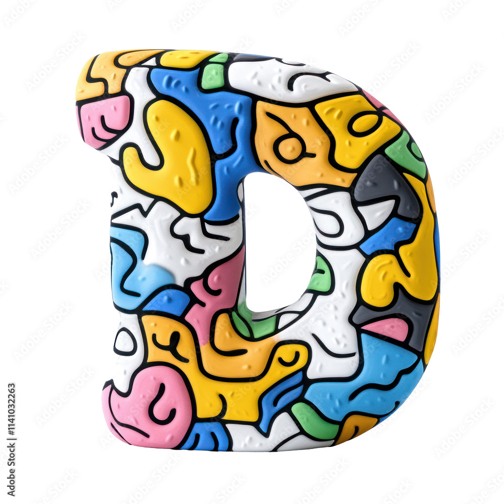A 3D model of the letter D with colorful shapes and patterns. A 3D model of the letter D with colorful shapes and patterns.