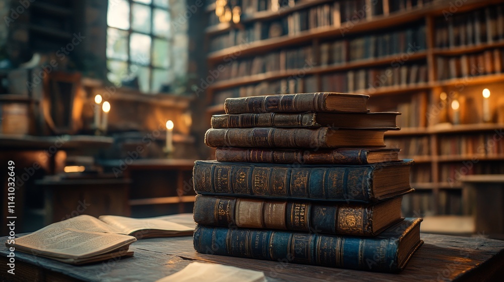 Stack of Books on Wooden Table in Cozy Library Setting Stack of Books on Wooden Table in Cozy Library Setting
