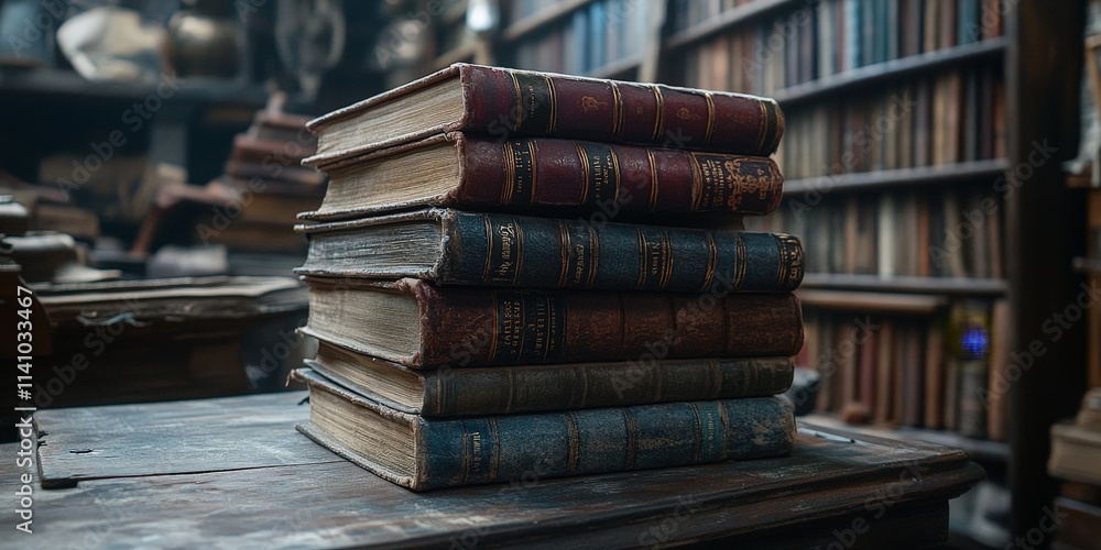 Stack of Books on Wooden Table in Cozy Library Setting Stack of Books on Wooden Table in Cozy Library Setting
