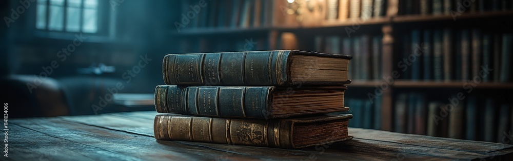 Stack of Books on Wooden Table in Cozy Library Setting Stack of Books on Wooden Table in Cozy Library Setting