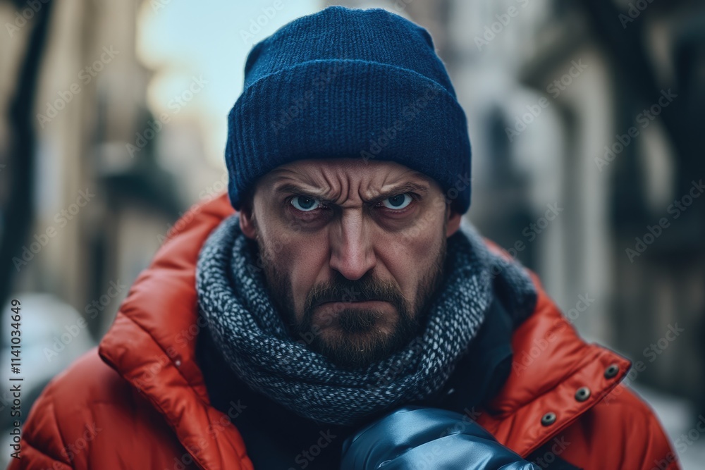 Portrait of angry white man in winter attire. Portrait of angry white man in winter attire.