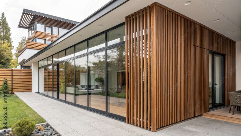 Natural light floods into a contemporary home through large glass windows, highlighting the elegant wooden cladding and creating a seamless connection with the outdoor space Natural light floods into a contemporary home through large glass windows, highlighting the elegant wooden cladding and creating a seamless connection with the outdoor space