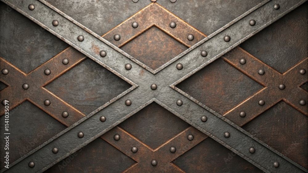 Fototapeta premium Rivets decorating a grunge metal plate, creating a cross design, ideal for backgrounds related to heavy metal, industrial style, or vintage steampunk aesthetics