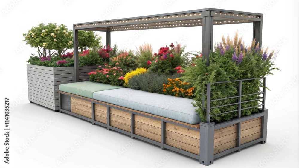 Contemporary urban bench design featuring integrated flower boxes and a pergola, creating a welcoming and aesthetically pleasing space for relaxation and enjoyment within a city environment Contemporary urban bench design featuring integrated flower boxes and a pergola, creating a welcoming and aesthetically pleasing space for relaxation and enjoyment within a city environment