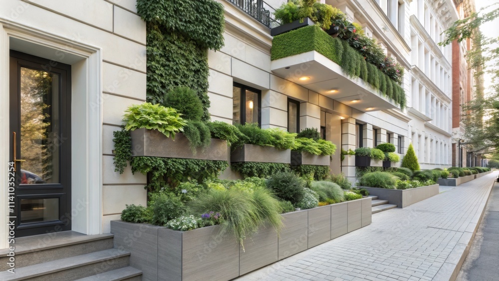 Modern apartment building showcasing a vertical garden and flower boxes, creating a vibrant and eco friendly urban landscape that enhances the property's curb appeal and promotes sustainable living