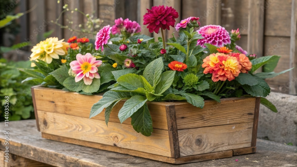 Vibrant dahlias in a delightful array of colors thrive in a rustic wooden planter box, creating a cheerful and inviting display on an outdoor table, enhancing the garden ambiance Vibrant dahlias in a delightful array of colors thrive in a rustic wooden planter box, creating a cheerful and inviting display on an outdoor table, enhancing the garden ambiance