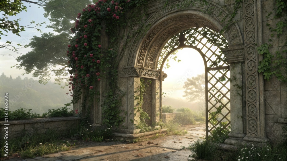 Sunlight streams through an ancient stone archway adorned with climbing roses and vines, leading to a misty, ethereal landscape, evoking a sense of mystery and tranquility Sunlight streams through an ancient stone archway adorned with climbing roses and vines, leading to a misty, ethereal landscape, evoking a sense of mystery and tranquility
