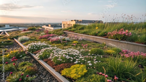 Fototapeta Naklejka Na Ścianę i Meble -  Beautiful flowering meadow growing on an extensive green roof system is creating a vibrant and ecological space atop a building, enhancing urban biodiversity and promoting sustainable practices
