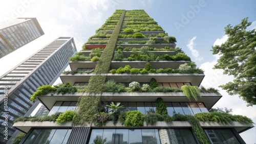 Lush greenery cascading down a modern skyscraper, showcasing sustainable architecture and urban gardening, promoting eco friendly living in a bustling city photo