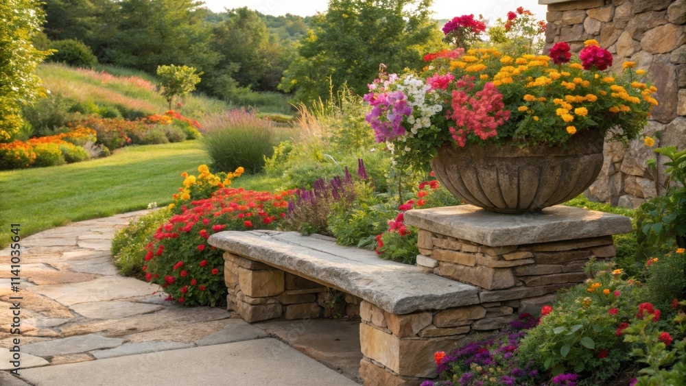 Lush garden thrives with colorful flowers surrounding a stone bench and a large flower pot, creating a serene and inviting outdoor space near a stone house Lush garden thrives with colorful flowers surrounding a stone bench and a large flower pot, creating a serene and inviting outdoor space near a stone house