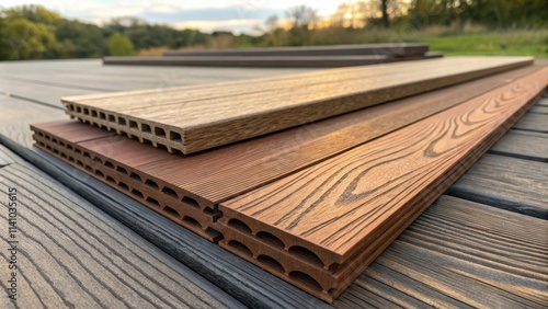 Displaying samples of composite decking boards in various colors, highlighting options for enhancing outdoor flooring in patios, terraces, or pool decks