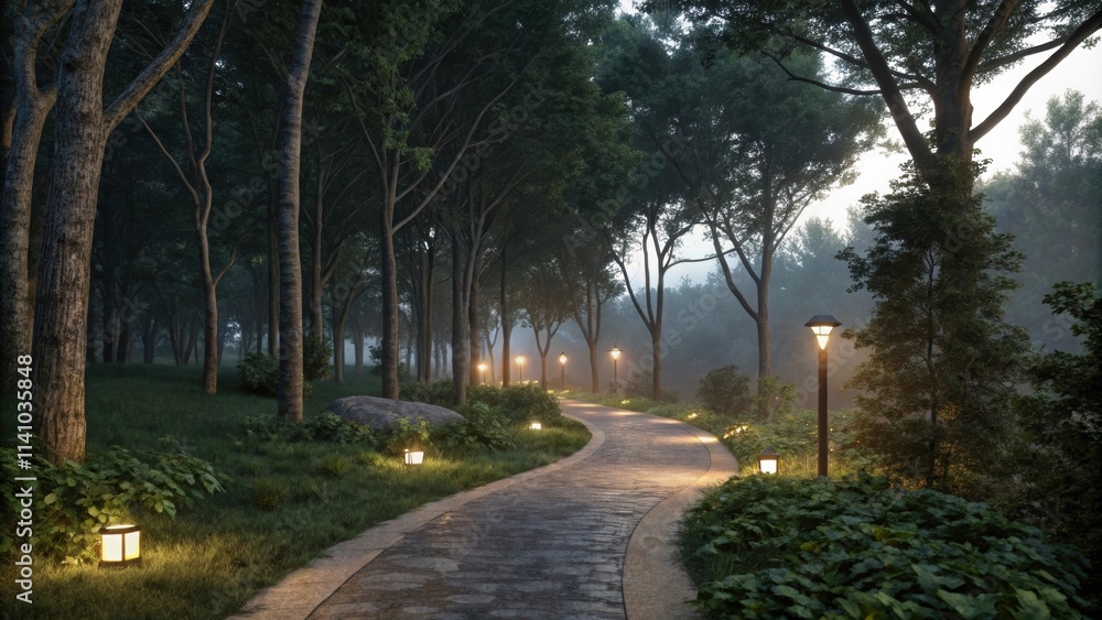Gentle light from street lamps casting a warm glow along a winding path through a misty forest at dawn, evoking a serene and enchanting atmosphere filled with tranquility Gentle light from street lamps casting a warm glow along a winding path through a misty forest at dawn, evoking a serene and enchanting atmosphere filled with tranquility