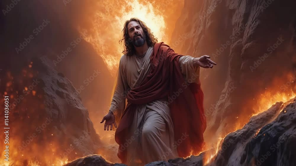 a man standing on a fiery land a man standing on a fiery land