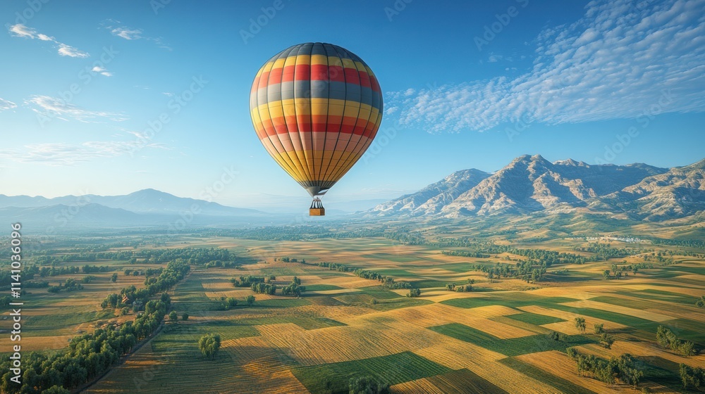 Fototapeta premium Colorful hot air balloon soaring above a picturesque valley landscape with rolling hills and farmland at sunrise.
