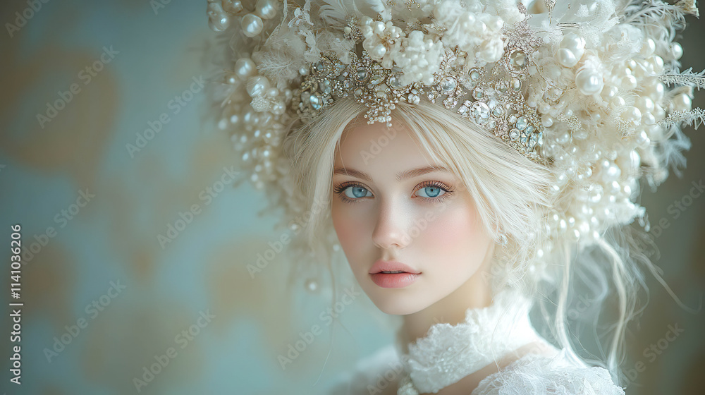 Portrait of an ethereal woman with an elaborate headdress of pearls, crystals and flowers, with a sweet gaze and calm expression, on a soft background that evokes romanticism. Generated with AI Portrait of an ethereal woman with an elaborate headdress of pearls, crystals and flowers, with a sweet gaze and calm expression, on a soft background that evokes romanticism. Generated with AI