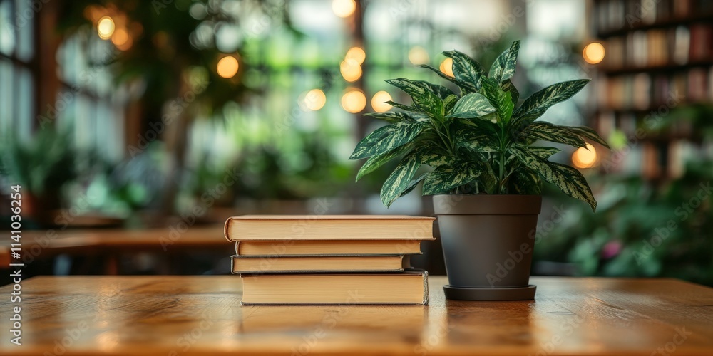 Stack of Books on Wooden Table in Cozy Library Setting Stack of Books on Wooden Table in Cozy Library Setting