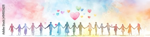Watercolor painting of diverse people holding hands, surrounded by pastel hearts against a colorful sky.