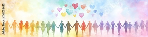Colorful silhouettes of people holding hands, walking towards colorful hearts.