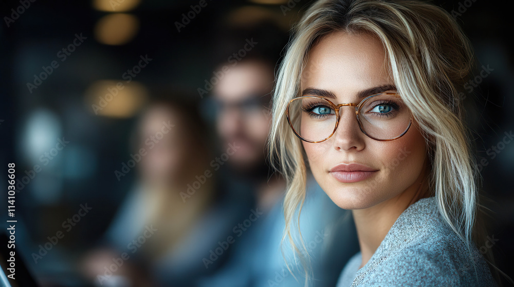 Portrait of a young blonde professional woman with round glasses and an intense gaze, in a blurred office environment, highlighting her confidence and elegance. Generated with AI Portrait of a young blonde professional woman with round glasses and an intense gaze, in a blurred office environment, highlighting her confidence and elegance. Generated with AI