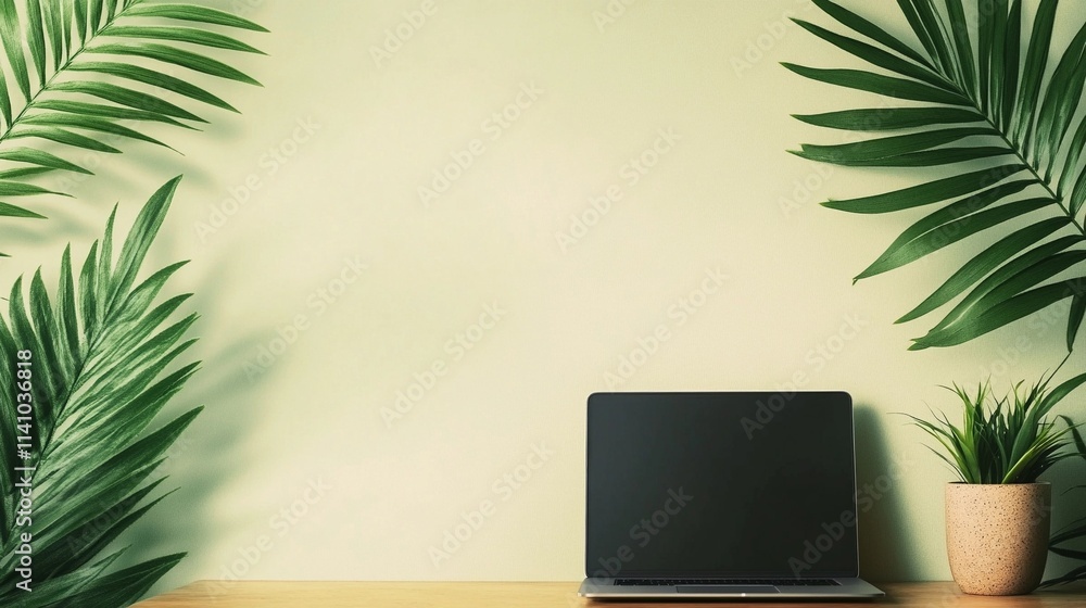 Modern workspace featuring a sleek laptop on a table, simple and elegant layout perfect for professional or freelance productivity themes Modern workspace featuring a sleek laptop on a table, simple and elegant layout perfect for professional or freelance productivity themes