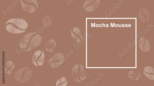 Mocha mousse color of year 2025 coffee background with frame. Mocha mousse trend bg with coffee bean. 2025 color palette card. Colour fashion template with label. Vector design sample. Print concept