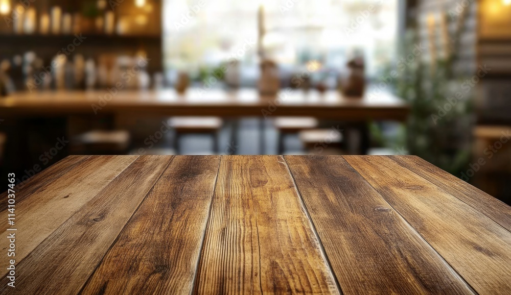 Empty wooden table in blurred cafe background. Empty wooden table in blurred cafe background.
