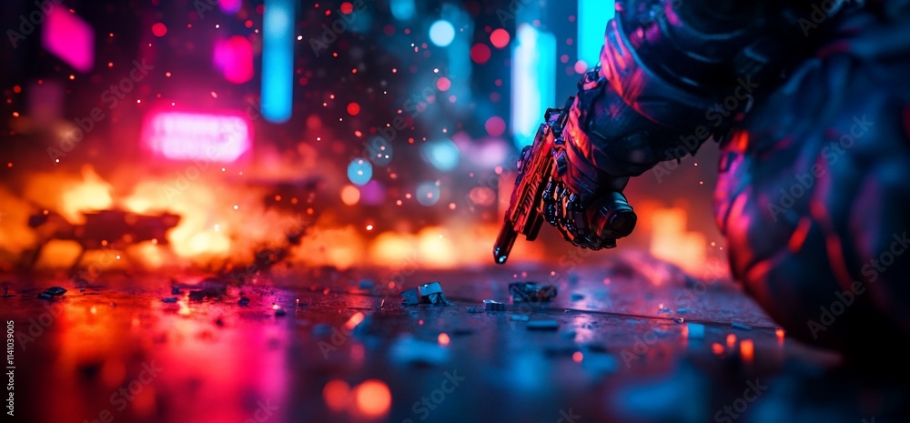 Cyberpunk city scene at night with a futuristic weapon on the ground. Cyberpunk city scene at night with a futuristic weapon on the ground.