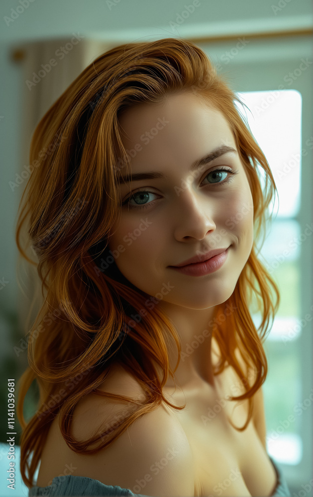 Naklejka premium A close-up portrait of a young woman with flowing red hair, soft natural light highlighting her warm smile and gentle expression.
